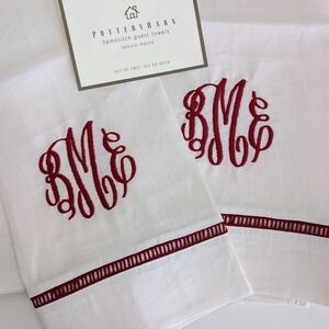 Pottery Barn Pure Linen "BME" Initials Monogram Guest Hand Towel Set 2 White NWT